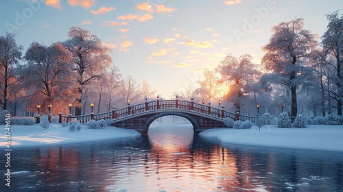 An illustration of a winter snowy park with a bridge crossing a frozen river, ice, trees, and a perfect sunset. photo