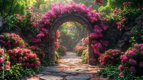 The fantasy world of an unreal garden with lilac bushes, a stone arch, a portal, and an entrance in 3D. Fantasy landscape, lilac bushes, a stone arch, portal, and entrance of an unreal world. © DZMITRY