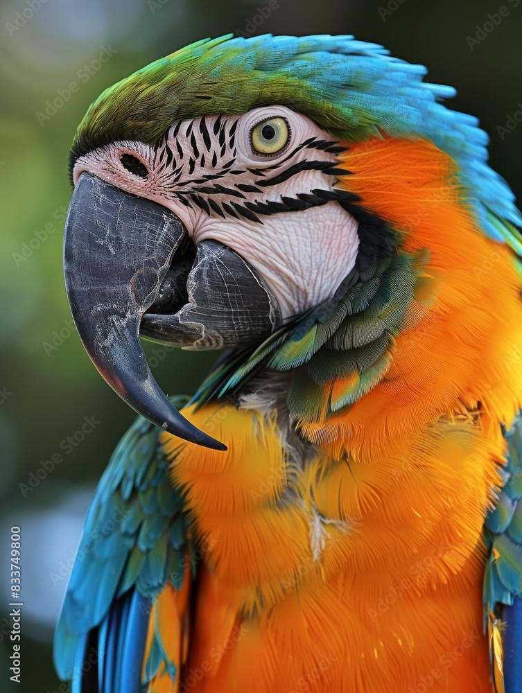 Fototapeta premium Vibrant close-up of a colorful macaw parrot with intricate feather patterns and intense gaze. Blue, green, yellow, orange.