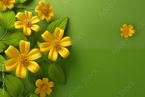 Yellow flowers on green background, 3d rendering. Vector illustration of yellow flowers with leaves on the right side and copy space for text or design.
