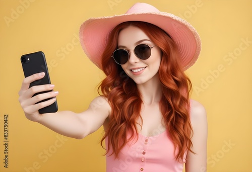 Donna selfie estate cappelli rossi sfondo giallo con occhiali da sole photo