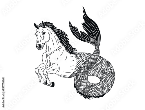 Vector illustration of the Hippocampus. Sea Horse; half horse; half fish. Fairytale animal. Mythical creature. Ancient Greek characters. Fish with the body of a horse. Horse with a fish tail. Graphic 