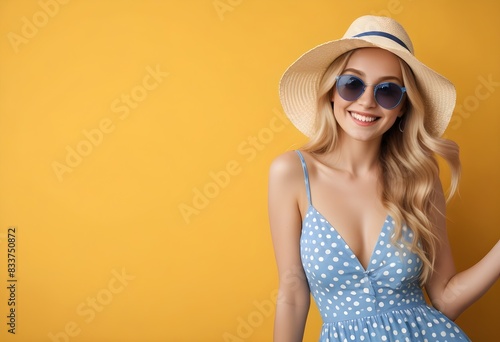 Donna bionda estiva con sfondo giallo e occhiali da sole © Senthim