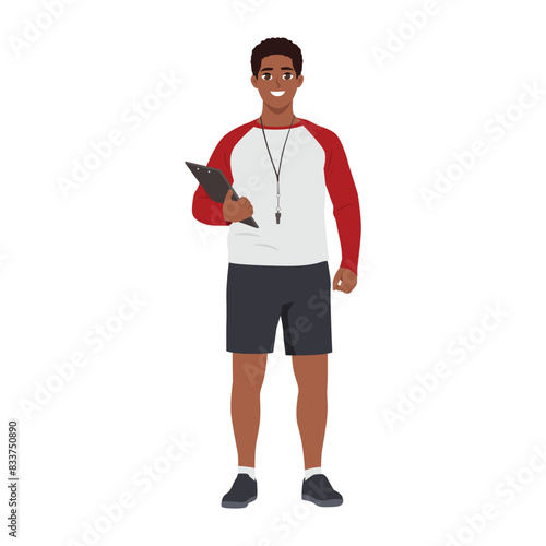 Young baseball coach with a whistle around his neck and a clipboard. Flat vector illustration isolated on white background