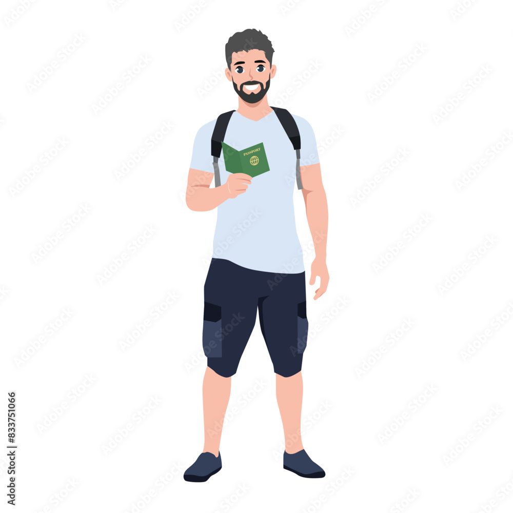Man traveler with passport and ticket. Flat vector illustration isolated on white background Man traveler with passport and ticket. Flat vector illustration isolated on white background