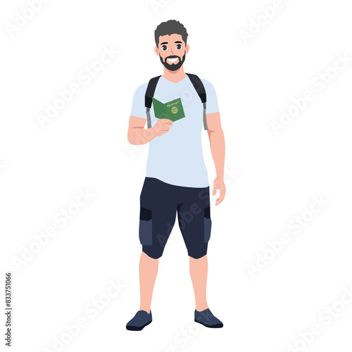 Man traveler with passport and ticket. Flat vector illustration isolated on white background