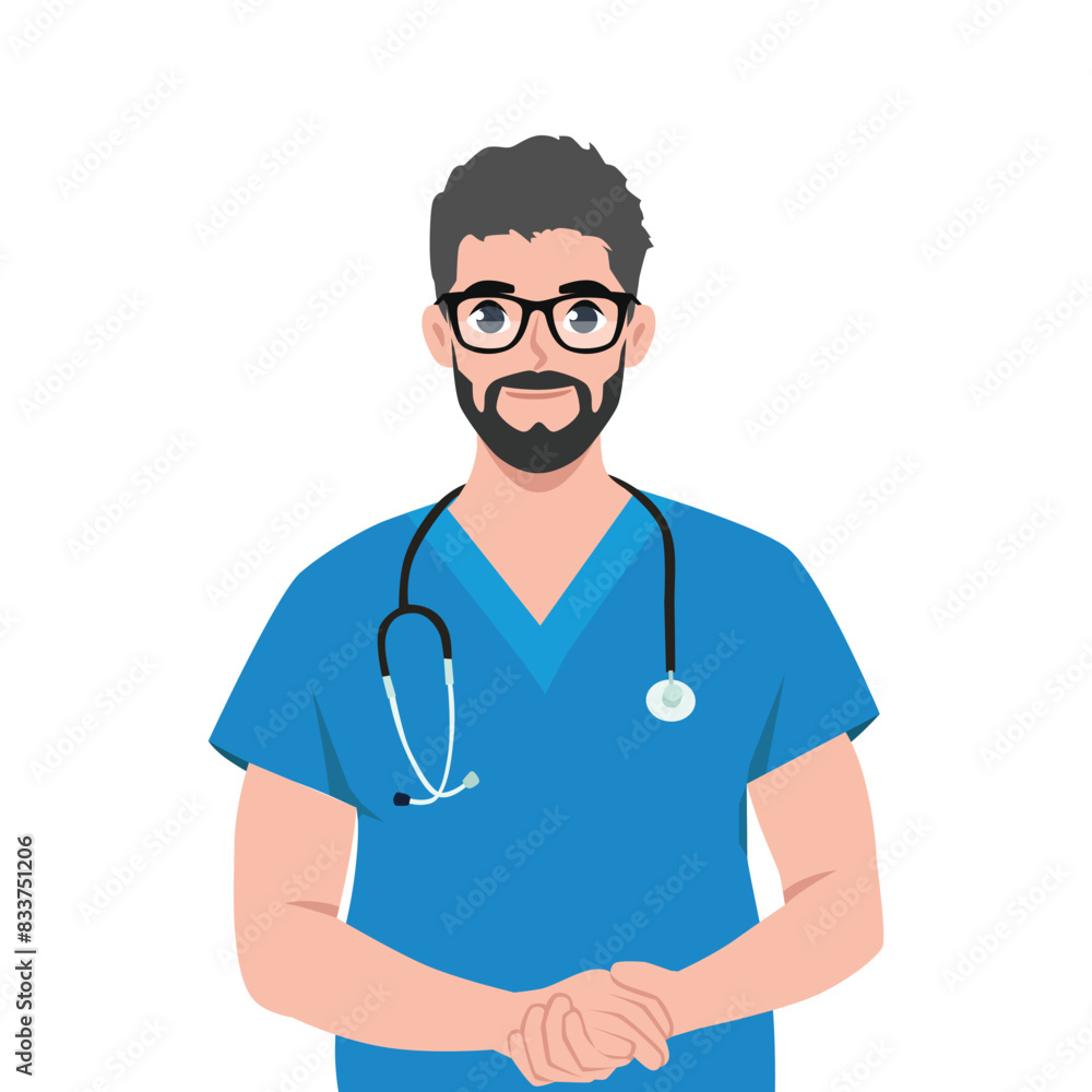 Young man nurse wearing scrubs. International nurses day. Flat vector illustration isolated on white background Young man nurse wearing scrubs. International nurses day. Flat vector illustration isolated on white background
