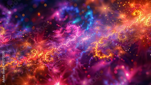 Vibrant abstract fractal art depicting a cosmic scene filled with colorful light patterns  creating a mesmerizing and ethereal visual experience.