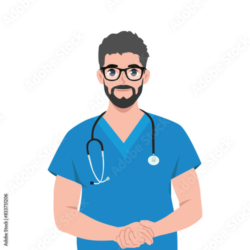 Young man nurse wearing scrubs. International nurses day. Flat vector illustration isolated on white background