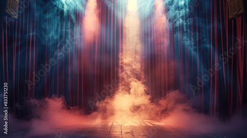 A dramatic theater stage with curtains and stage smoke, illuminated by spotlight, evoking a sense of anticipation for a performance.