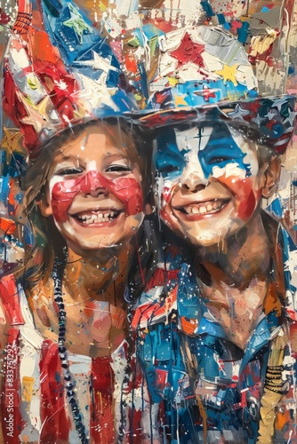 Two children with painted faces and colorful costumes smiling happily, showcasing joyful expressions and festivity in vibrant colors.