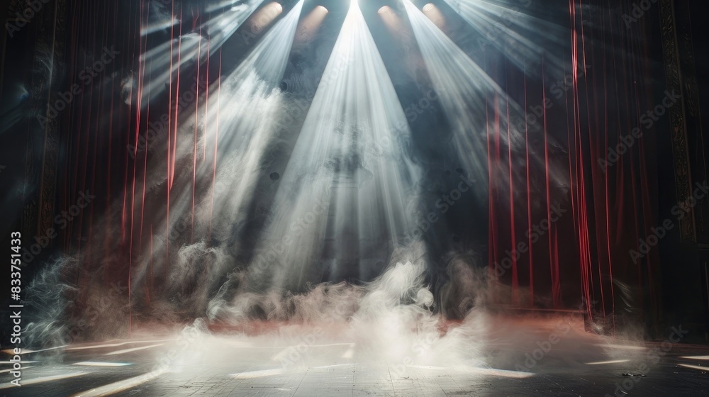 A dramatic theater stage with curtains and stage smoke, illuminated by spotlight, evoking a sense of anticipation for a performance.