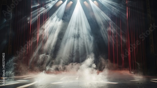A dramatic theater stage with curtains and stage smoke, illuminated by spotlight, evoking a sense of anticipation for a performance. © Khalif