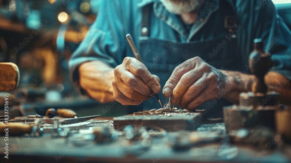Jewelry Designer at Work: Capture a close-up of a jewelry designer's hands crafting a piece of jewelry, with tools and materials in the background. Jewelry Designer at Work: Capture a close-up of a jewelry designer's hands crafting a piece of jewelry, with tools and materials in the background.