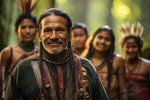 smiling indigenous man stands confidently with a group of community members in a lush forest setting, celebrating their rich cultural heritage and unity