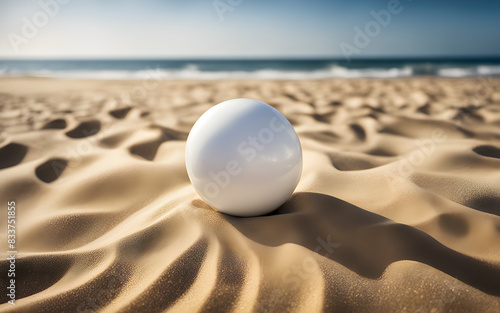 Blank white beach ball on golden sand with the sea in the background  bright sunlight  summer fun template