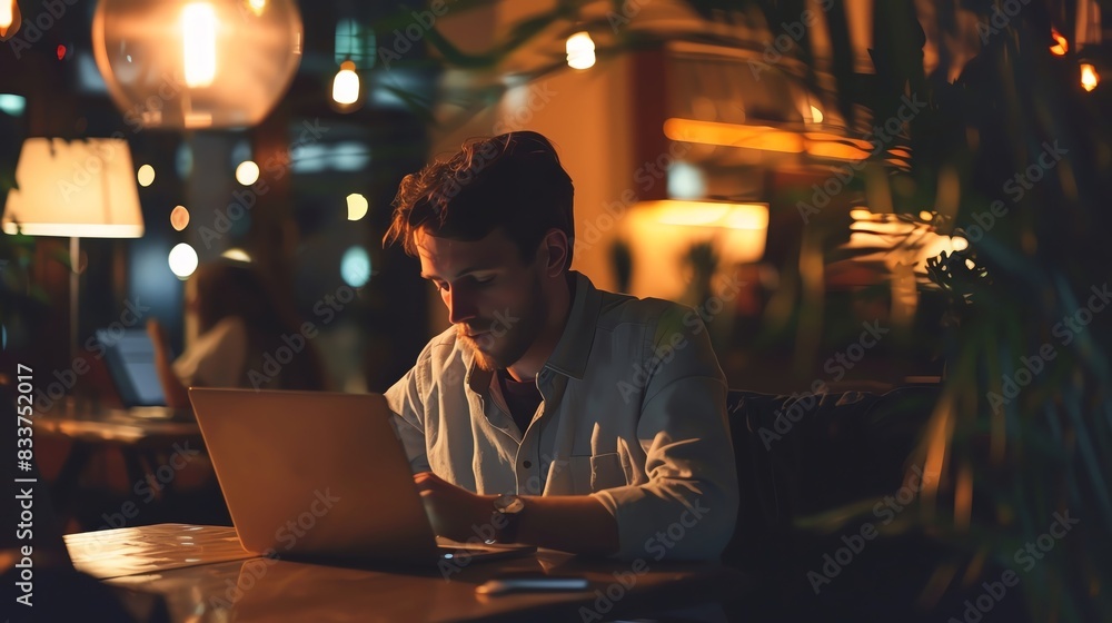 Man working on laptop in a dimly lit cafe at night.