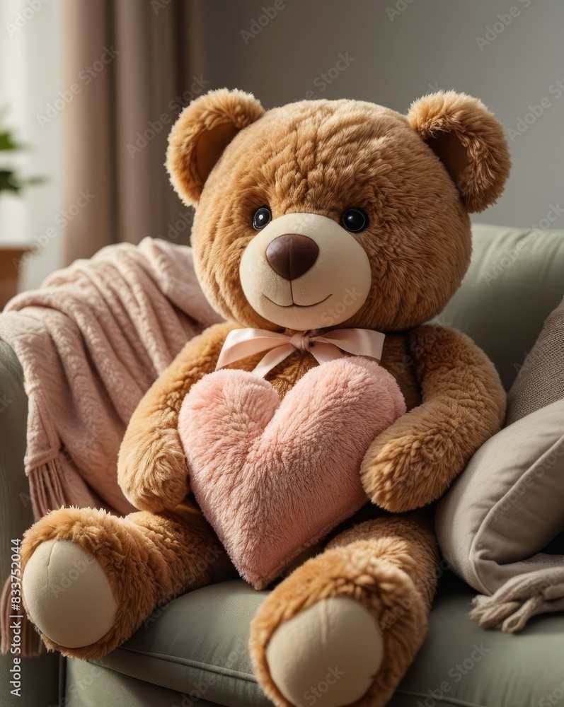 A Fluffy Plush Teddy Bear Hugging a Heart-Shaped Pillow, Placed on a Pastel-Colored Armchair, Captured in Hyperrealistic Cinematic Style A Fluffy Plush Teddy Bear Hugging a Heart-Shaped Pillow, Placed on a Pastel-Colored Armchair, Captured in Hyperrealistic Cinematic Style