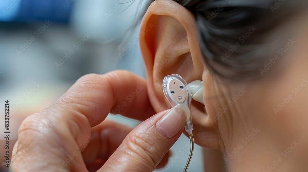 Fototapeta premium Digital Hearing Aid Close-Up: Empowering Audio Experience Through Careful Adjustment