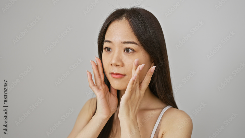 A young chinese woman with a natural beauty poses on a white isolated background, gracefully touching her face. A young chinese woman with a natural beauty poses on a white isolated background, gracefully touching her face.