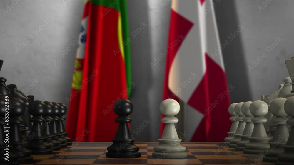Portugal and Denmark National Flags with Chess Board Animation. Politics of Government or Conflict of Countries Concept Portugal and Denmark National Flags with Chess Board Animation. Politics of Government or Conflict of Countries Concept