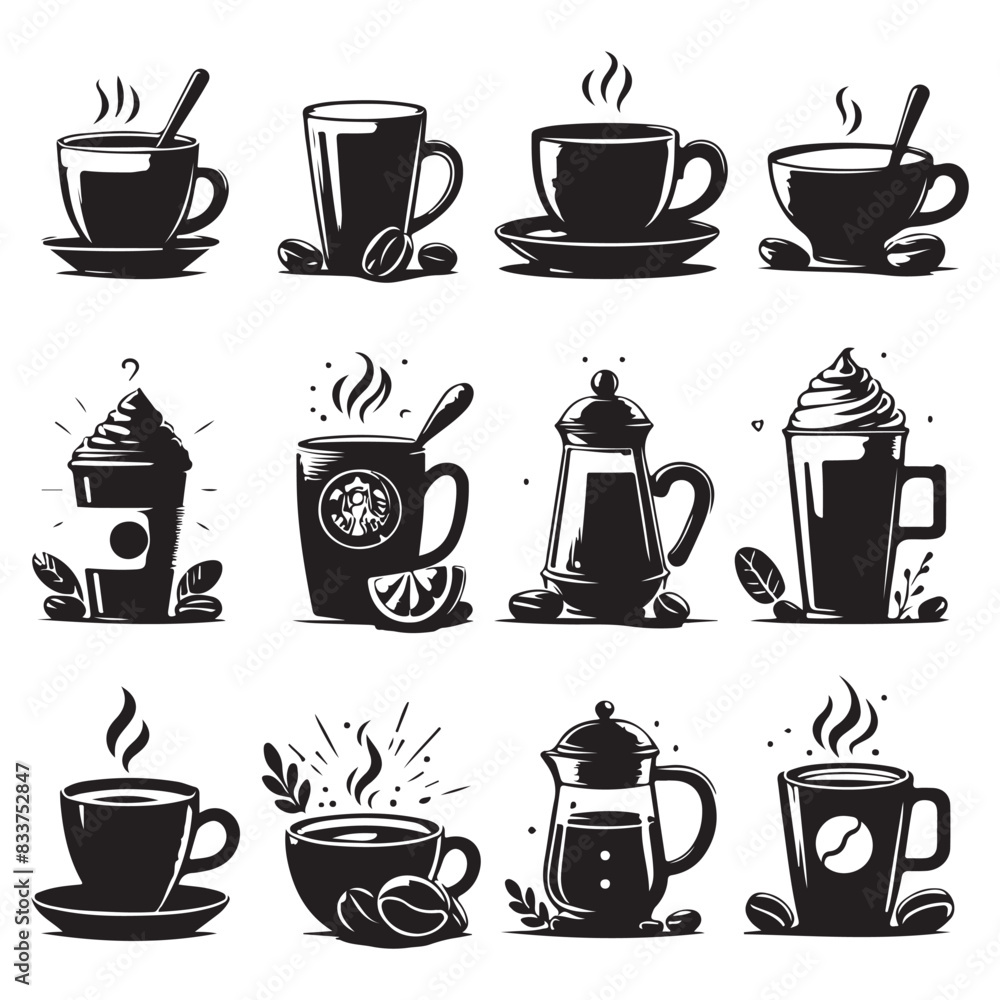 Silhouette set of mugs. Vector isolated illustration Silhouette set of mugs. Vector isolated illustration