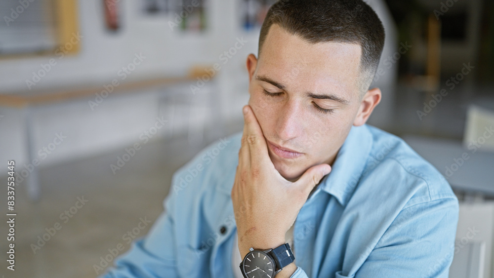 Pensive young hispanic man with watch, contemplating in a bright university indoor setting. Pensive young hispanic man with watch, contemplating in a bright university indoor setting.