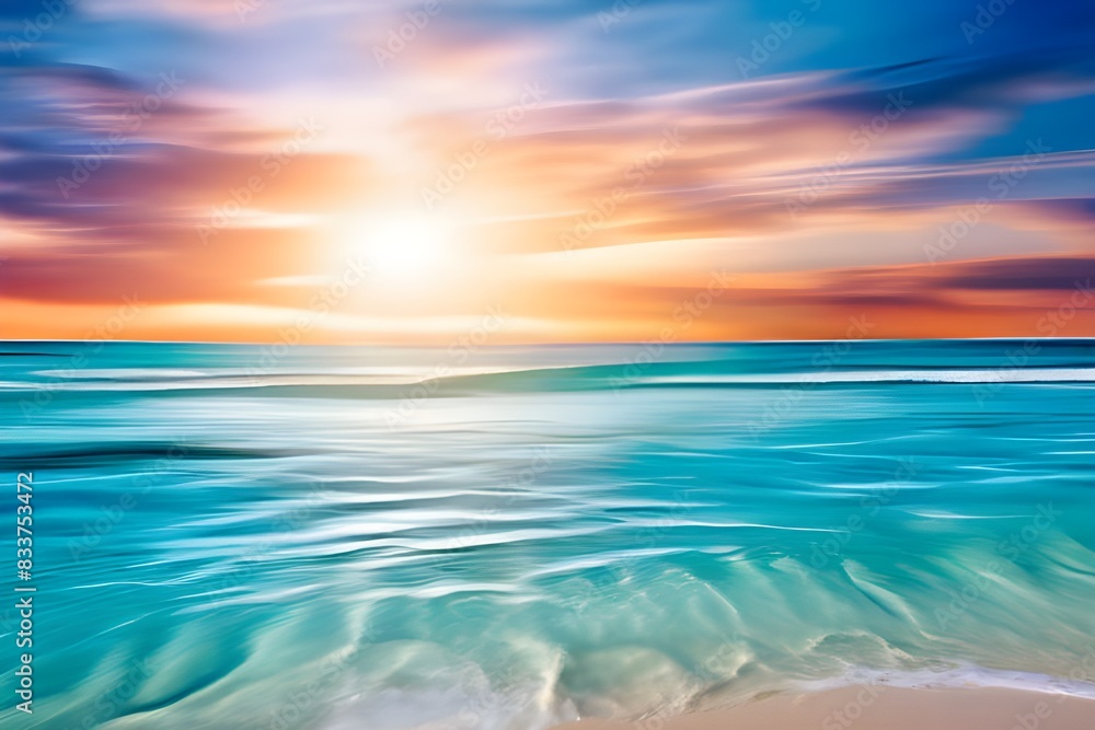 Obraz premium A stunning sunset over the ocean, with waves crashing against the shore.