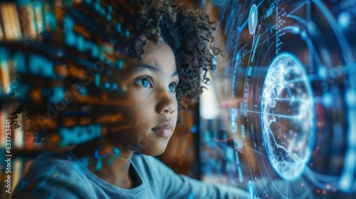 kid using futuristic equipments artificial intelligence in tutoring children and as a study support and companion