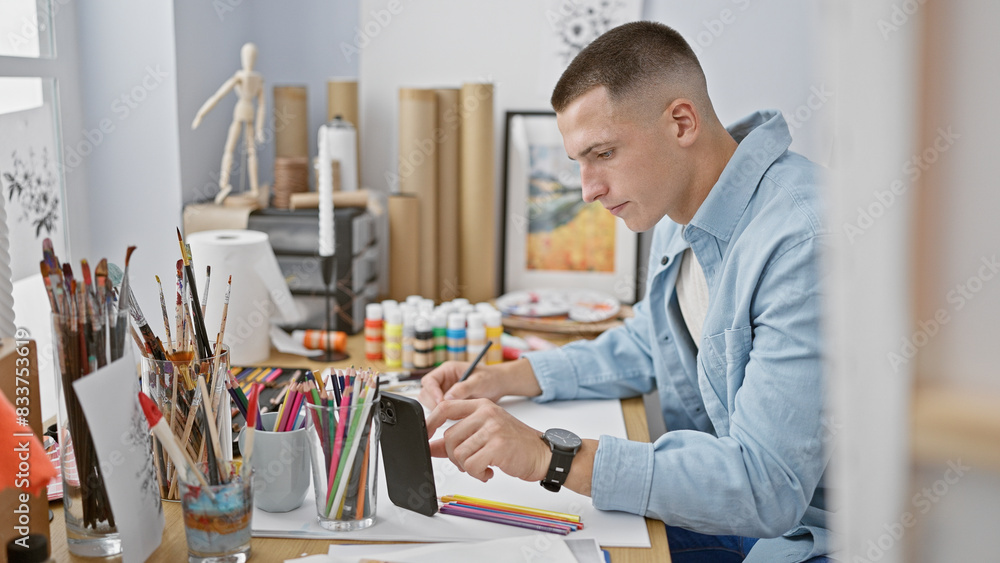 Young man using smartphone in an art studio, surrounded by brushes, paints, and colorful pencils. Young man using smartphone in an art studio, surrounded by brushes, paints, and colorful pencils.