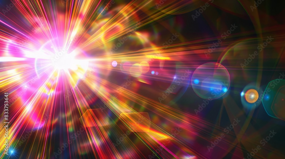Obraz premium iridescent lens flare and sun burst effects on black background abstract digital illustration