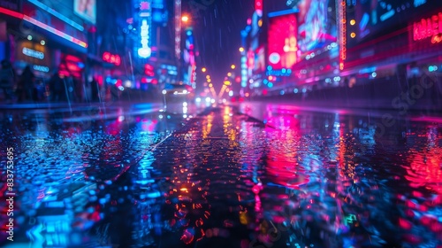 A blurred background of wet asphalt with neon lights. A big city at night with reflections and puddles. A dark neon background with bokeh.