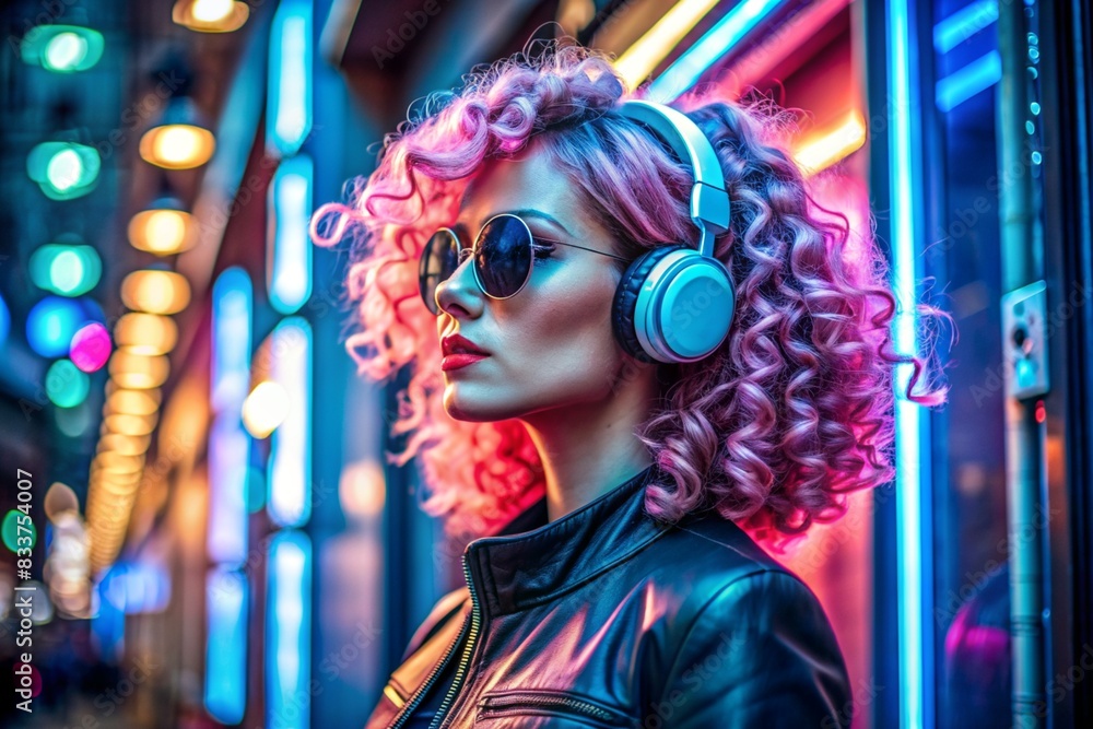 Music lover. A young beautiful girl in sunglasses listens to music in large wireless headphones while standing in a neon tunnel against a background of neon signs. Music lover. A young beautiful girl in sunglasses listens to music in large wireless headphones while standing in a neon tunnel against a background of neon signs.