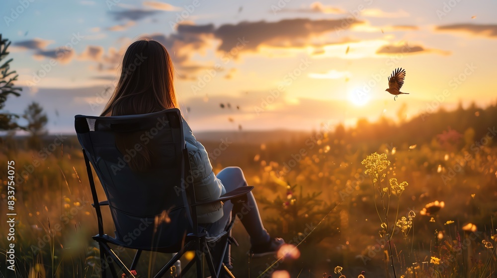 Fototapeta premium Woman sitting on a chair enjoying a serene sunset in a field of wildflowers. Peaceful nature scene with warm light and a bird flying by.