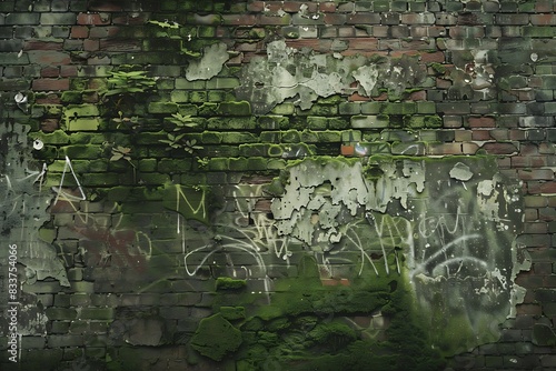 Weathered brick wall with graffiti and moss growth.