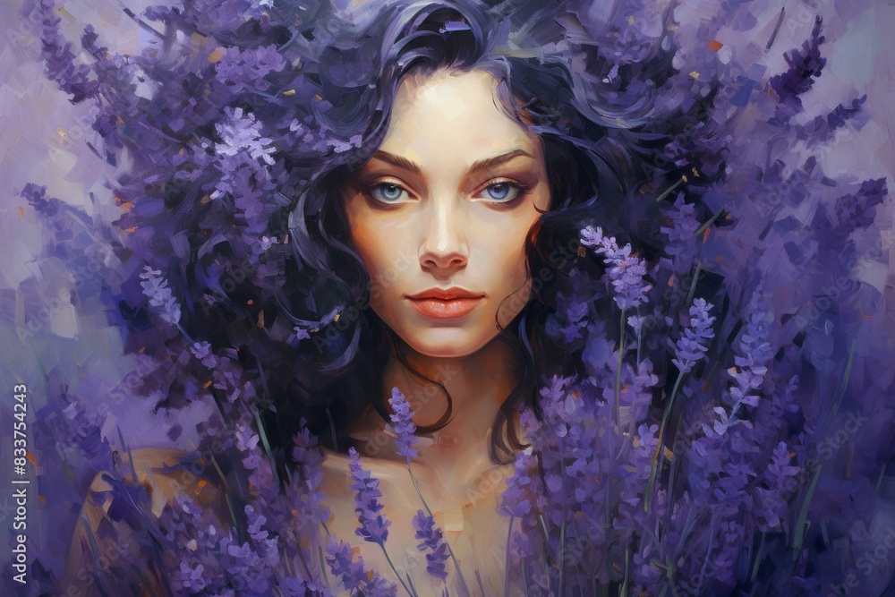 Fototapeta premium Artistic portrait of a woman with her hair adorned in vibrant lavender blossoms