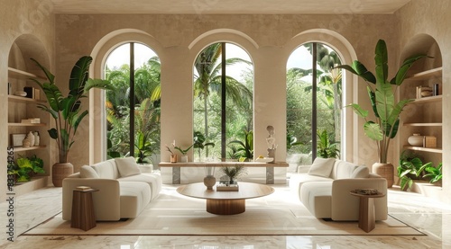 A living room with three arched windows  beige walls and marble floors  modern furniture  tropical plants  a round coffee table