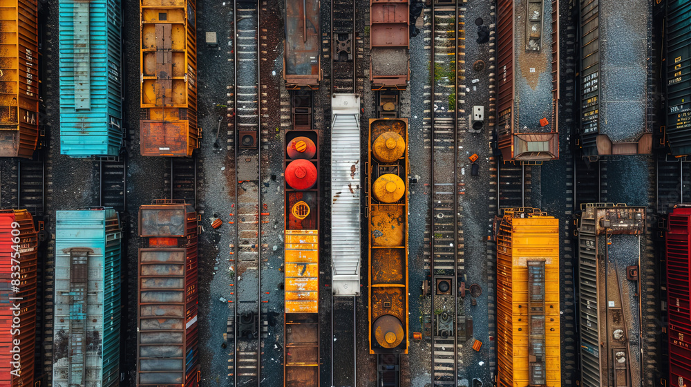 Obraz premium Bird's eye view of railway tracks, Top view of a freight train.