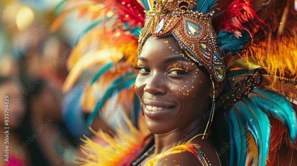 A close-up of a dancer in mid-performance, wearing a radiant costume adorned with vibrant feathers and sequins, capturing the lively movement and energy of the dance. A close-up of a dancer in mid-performance, wearing a radiant costume adorned with vibrant feathers and sequins, capturing the lively movement and energy of the dance.