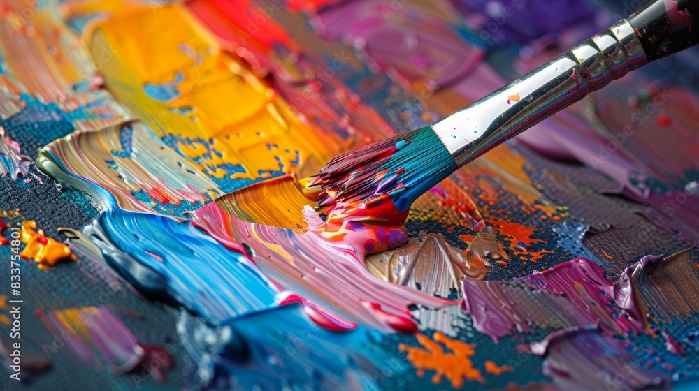A close-up of a paintbrush splattering colorful paint onto a canvas, capturing the moment of artistic expression and the tactile nature of the creative process. A close-up of a paintbrush splattering colorful paint onto a canvas, capturing the moment of artistic expression and the tactile nature of the creative process.