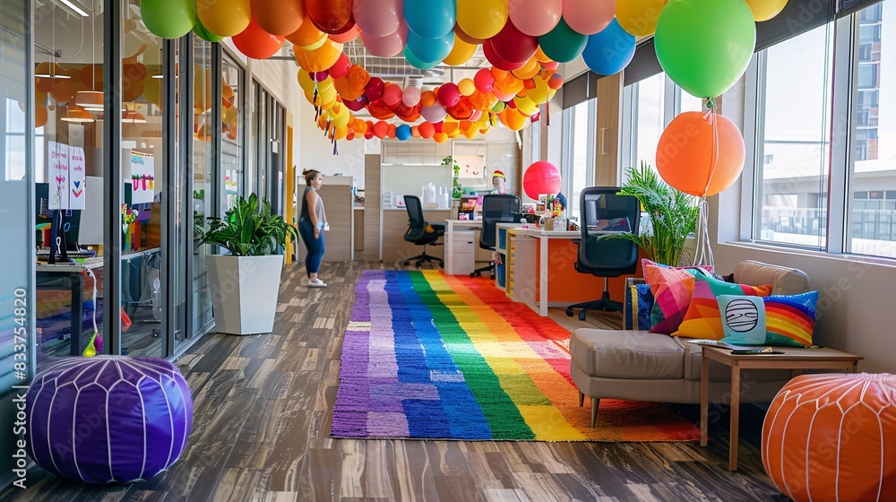 24. An office celebration where employees wear rainbow attire and ...