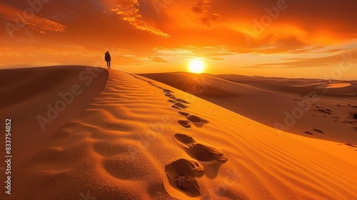 A lone traveler atop a sand dune in a serene desert at sunset with footprints trailing behind under a vast orange sky.
