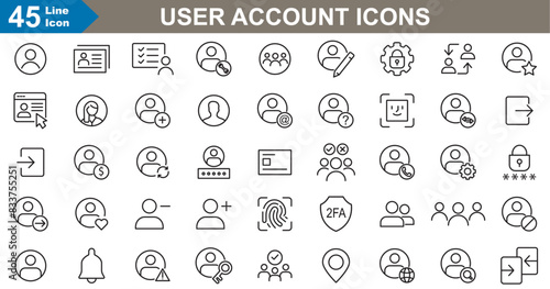 User account Icons set vector illustrator. This vector set features diverse user account icons for profiles, settings, and notifications, perfect for web and mobile interfaces.