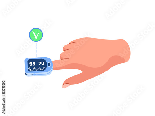 Pulse oximeter, test to measure the level of oxygen in your blood, saturation. sensor placed on fingertip. monitor an existing lung condition. pneumonia. Medical equipment.