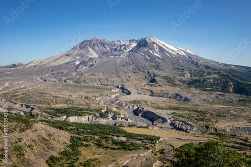 View of Mount St Helens from Johnston Ridge, Mount St Helens National Volcanic Monument, Cascade Mountains, Washington, USA. July, 2022.  photo