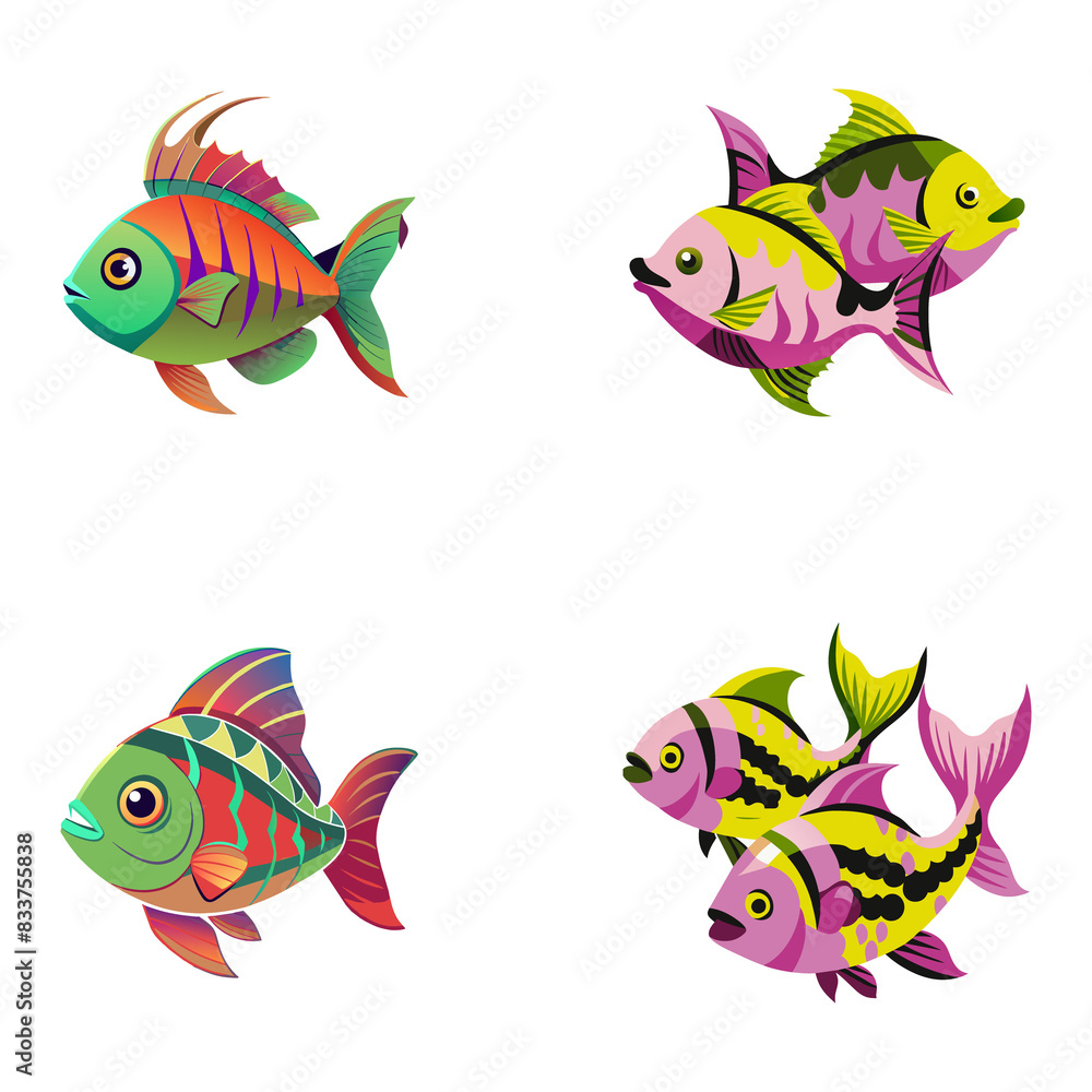Fototapeta premium Vibrant tropical fish illustrations celebrating ocean wonders. Perfect for marine-themed designs.
