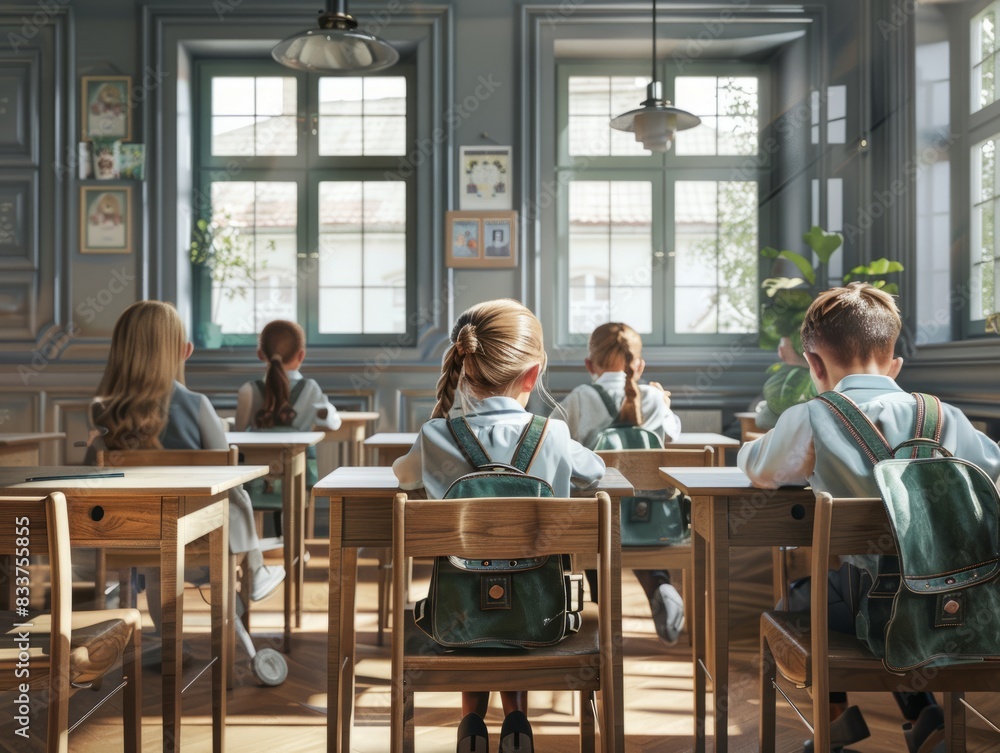 Obraz premium The children sit at their desks at school, listening and learning attentively