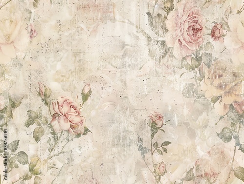 Vintage wallpaper with rose patterns, distressed and faded, straighton view, natural light photo