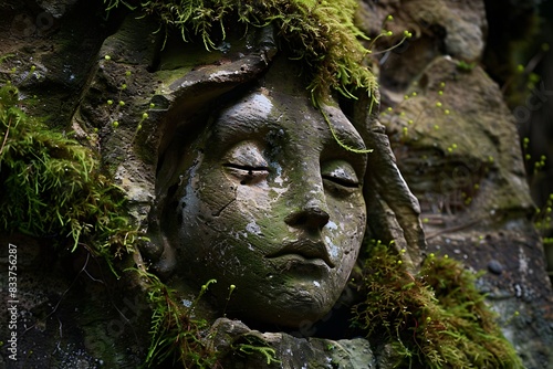 Weathered, stone sculpture with moss and erosion. © crescent