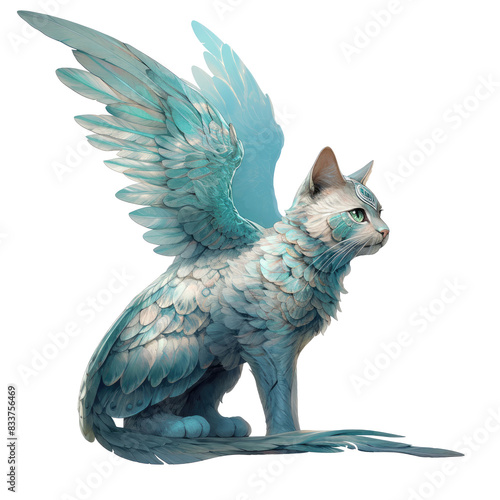 An illustration of a cat with white-aqua wings